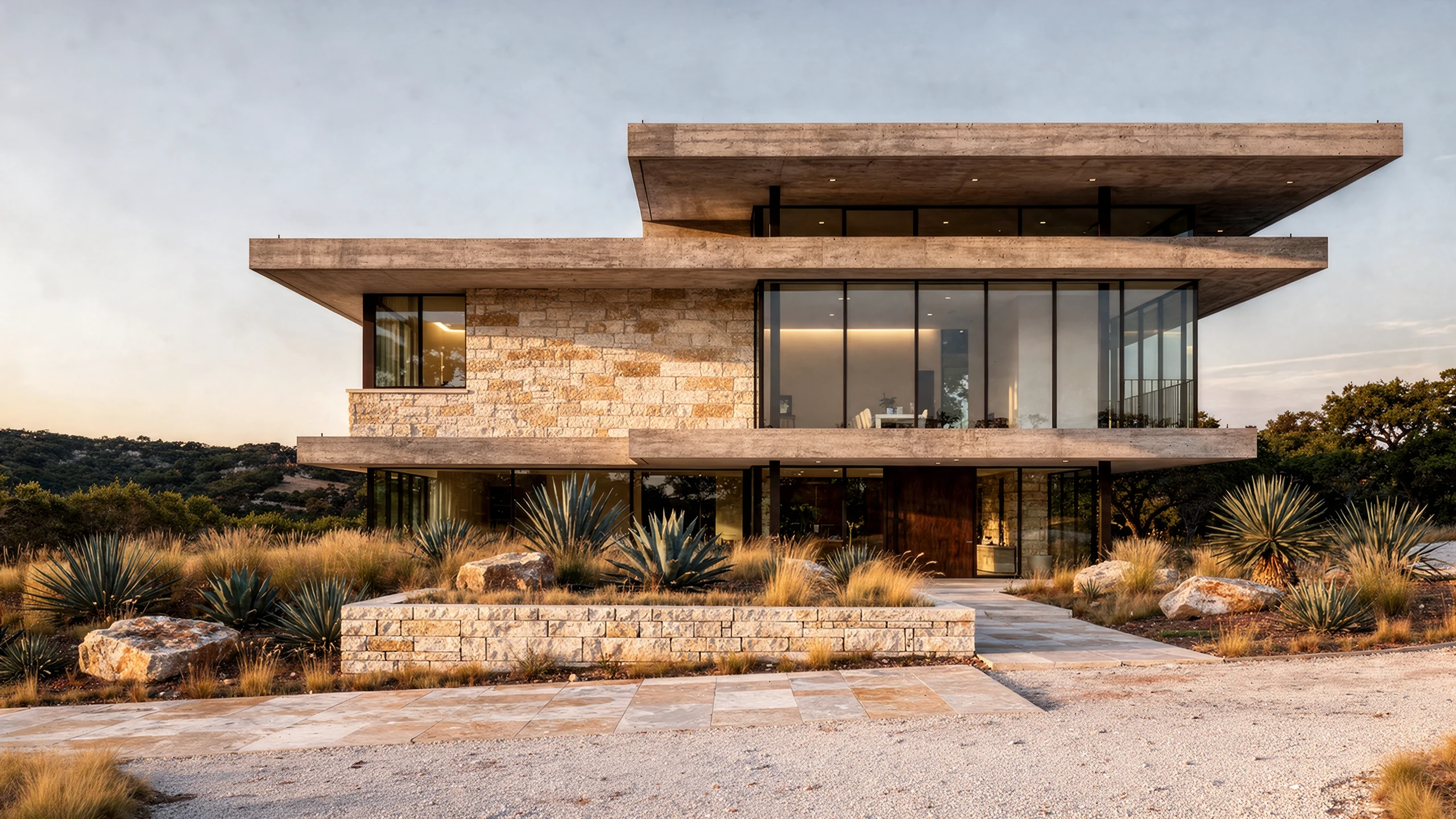 Residence No. 14 at blue hour: two storeys of honey limestone under flat concrete roof slabs, the rooms lit from inside, native planting and a crushed-limestone drive in front.