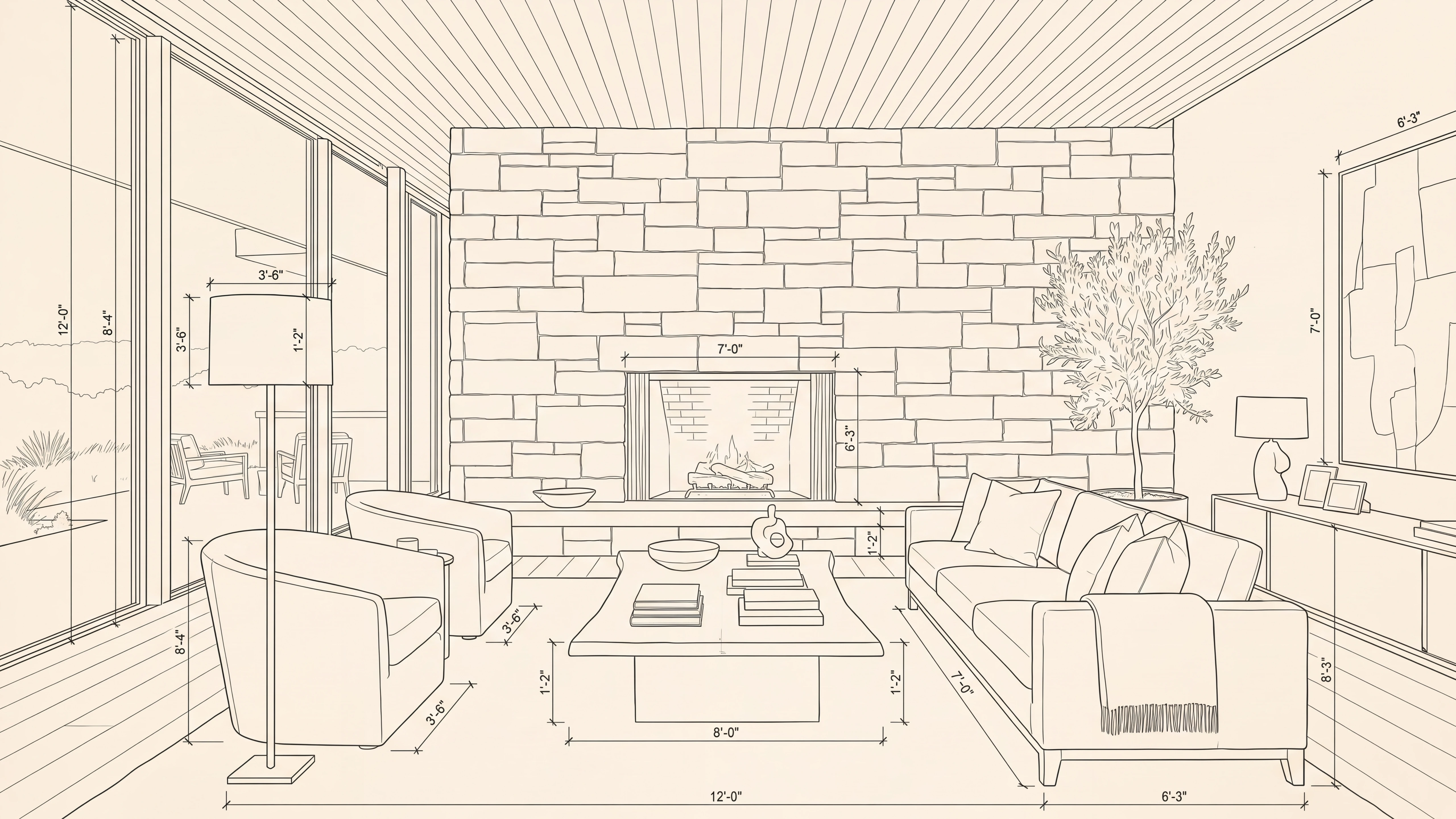 Residence No. 14, the living room as a hairline drawing: the limestone fireplace wall, the sofa and chairs, dimensions in feet and inches.