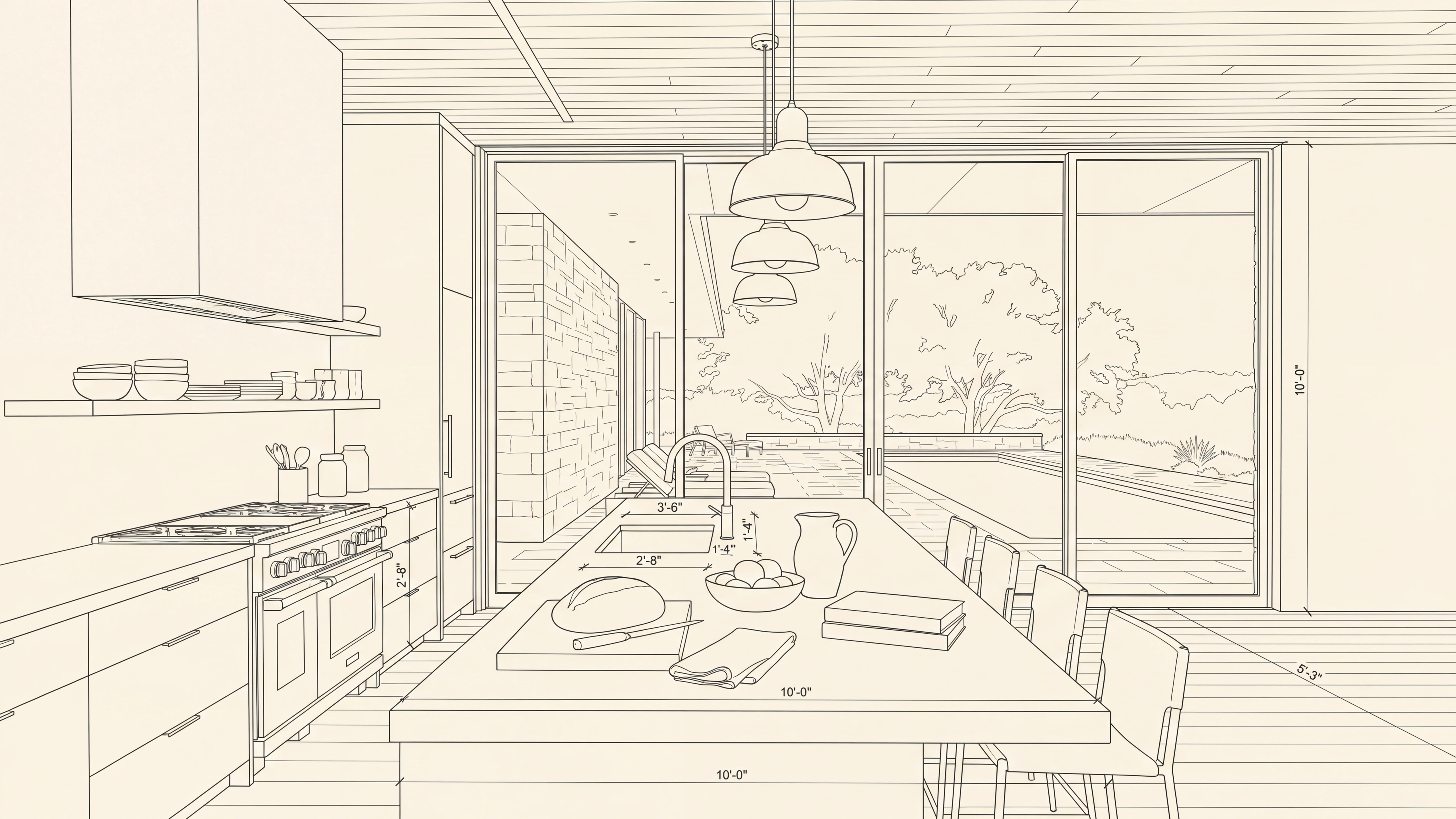 Residence No. 14, the kitchen as a hairline drawing: the island, the range, the glass wall to the terrace, dimensions in feet and inches.