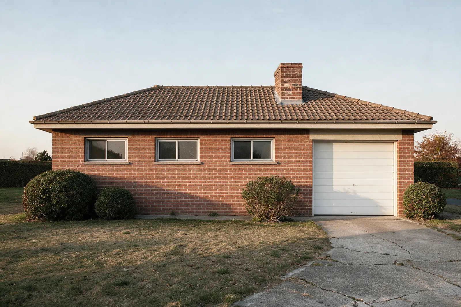 The house as we found it: a 1974 brick ranch with a tiled hip roof, three small aluminium windows, a garage door and a cracked concrete drive.