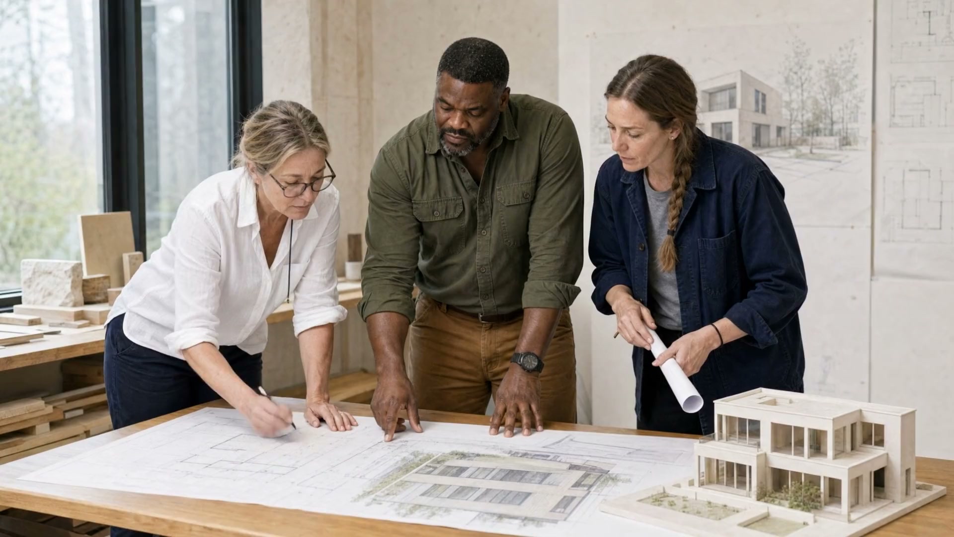 The three-person team over the drawings of the house in the studio, then on the building site, then on the finished terrace.