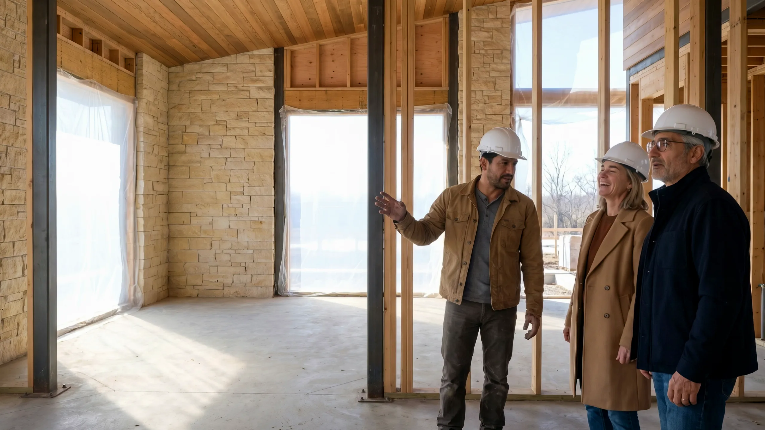 In hard hats inside the half-built house, Caleb Ortiz points up at the roof while Elin Haas and her husband look up.