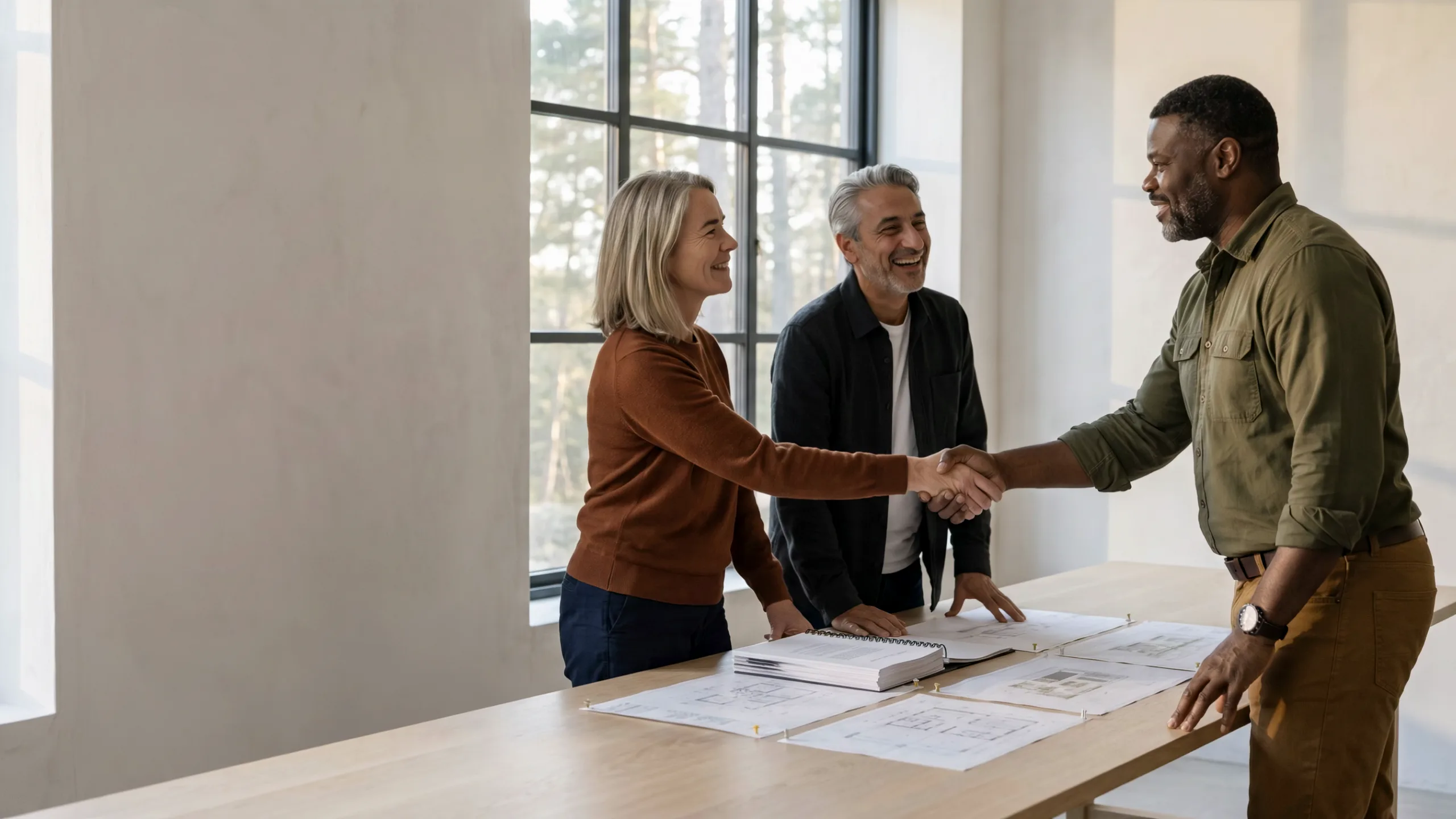 In the studio, Jonas Oduya shakes hands with Elin Haas across the oak table, the drawings and the contract between them; her husband smiles beside her.