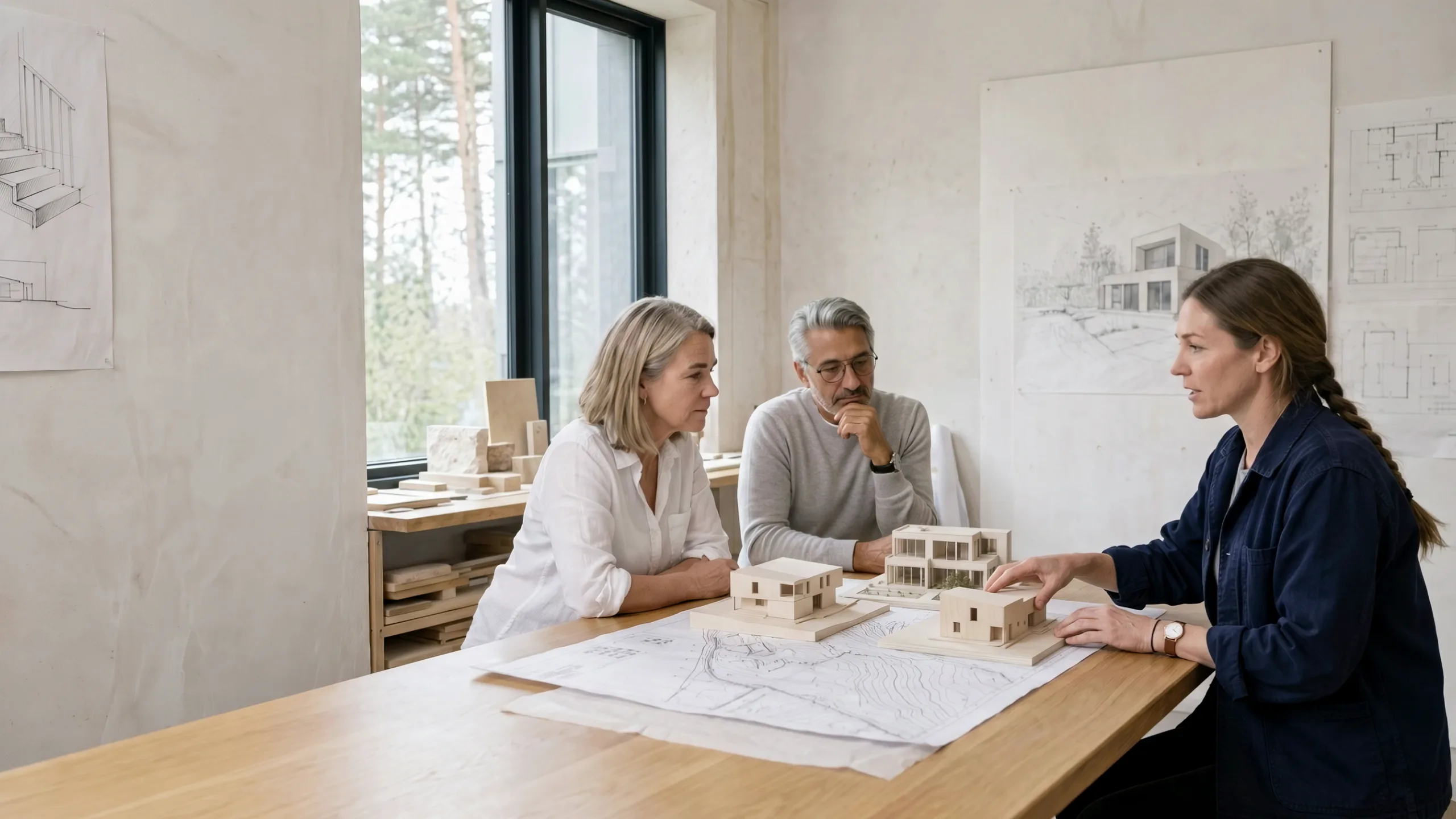 At the studio table Thea Almqvist moves one of three basswood models aside while Elin Haas and her husband listen.