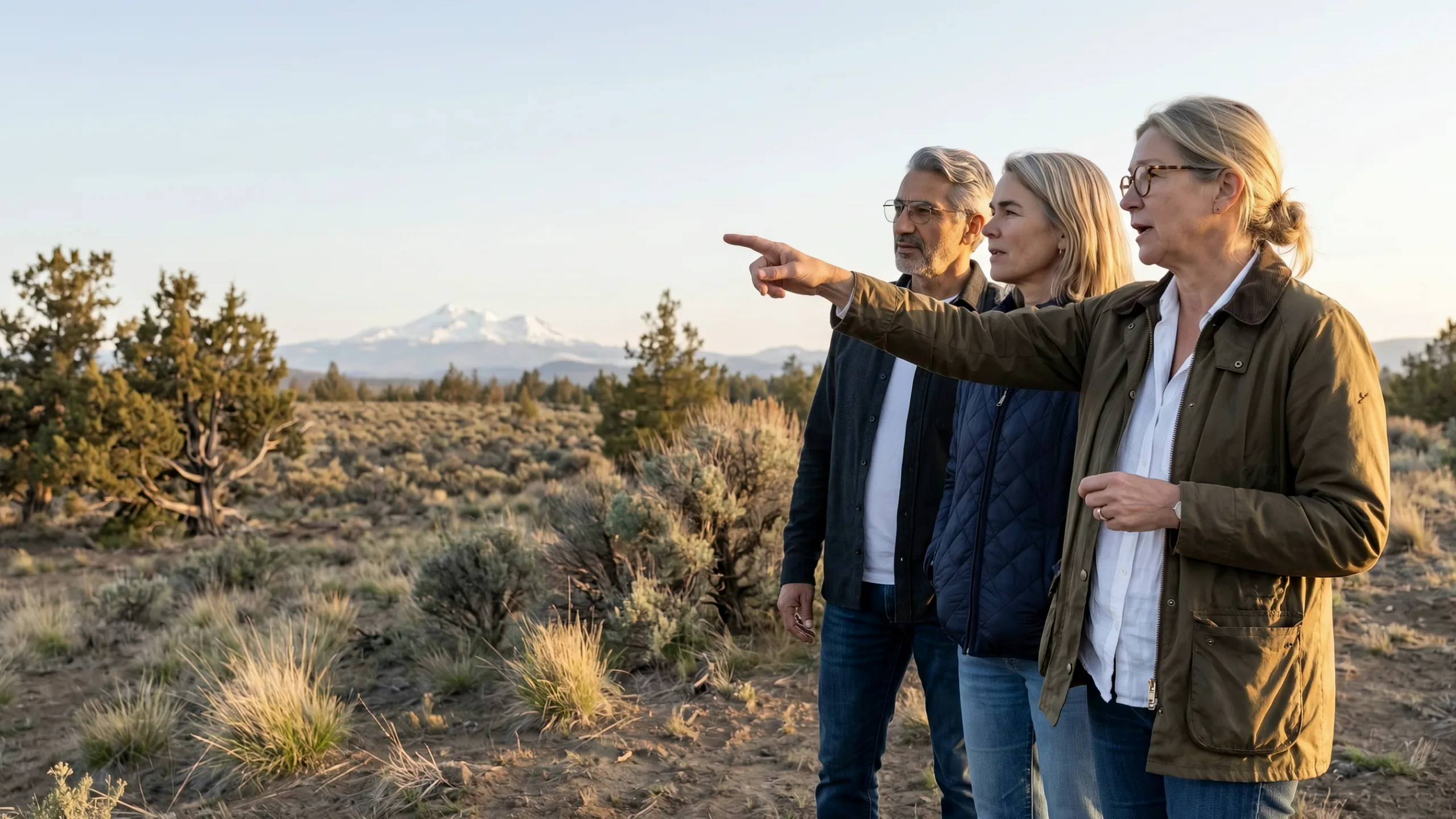 Mara Rehn points across the empty high-desert plot outside Tumalo while Elin Haas and her husband look where she points, the Cascades white on the horizon.