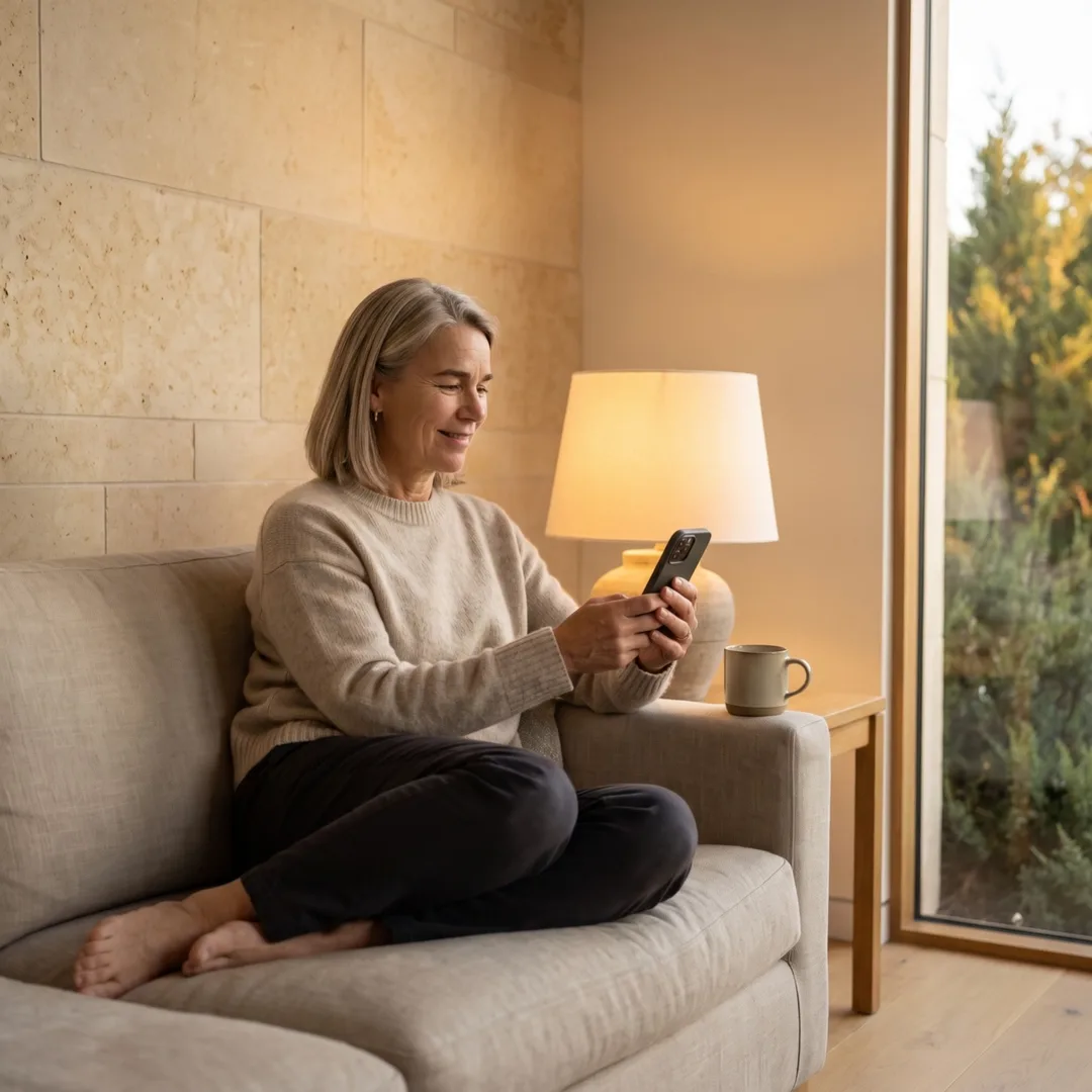 Elin Haas curled up on the sofa in her finished house, smiling at the photographs on her phone, a lamp lit beside her.
