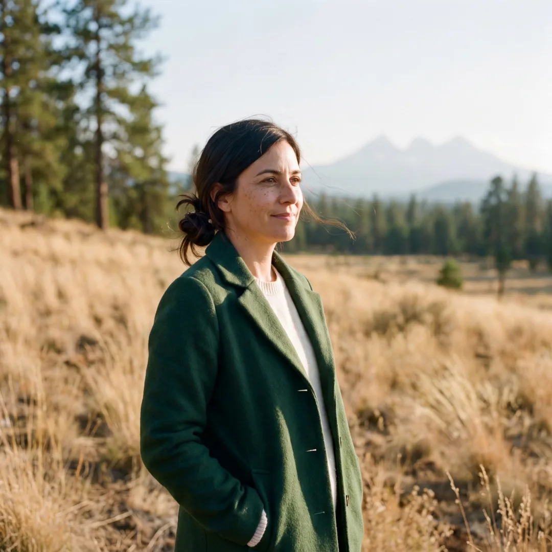 Nadia Kowalski on the plot she did buy, in a green coat, the pines and the Three Sisters behind her.