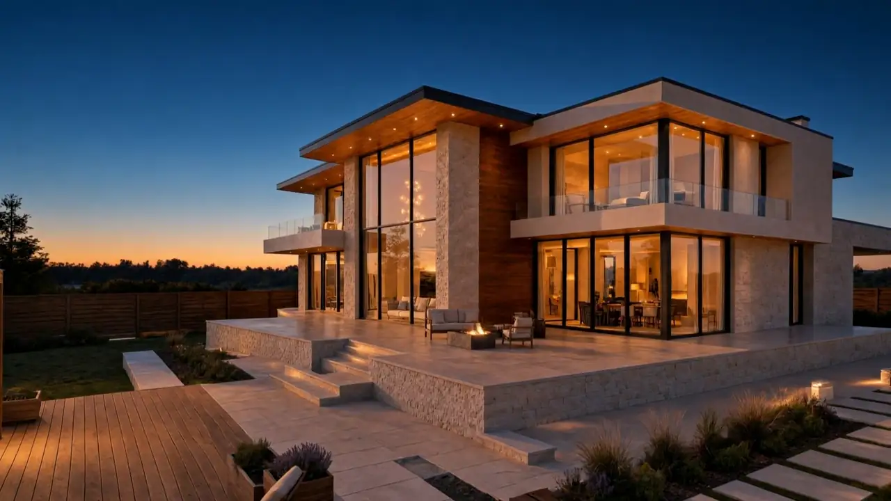 The same build from the same spot, one photograph each Friday: the slab, the frame, the roof, the glass, then the finished house at dusk.