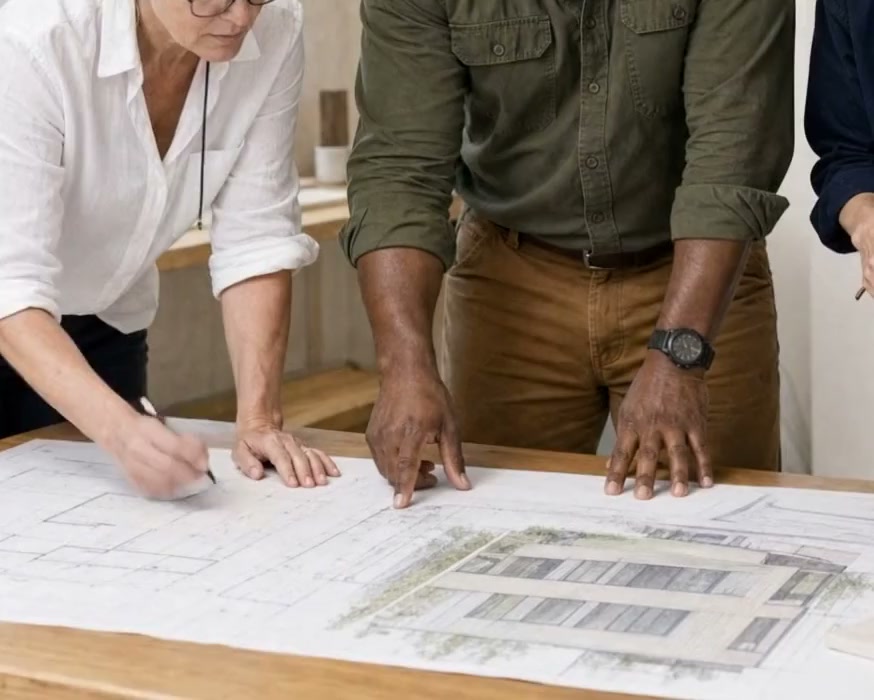 Two sets of hands on the same drawing: the architect marking the plan in pencil, the construction director pointing at the elevation.