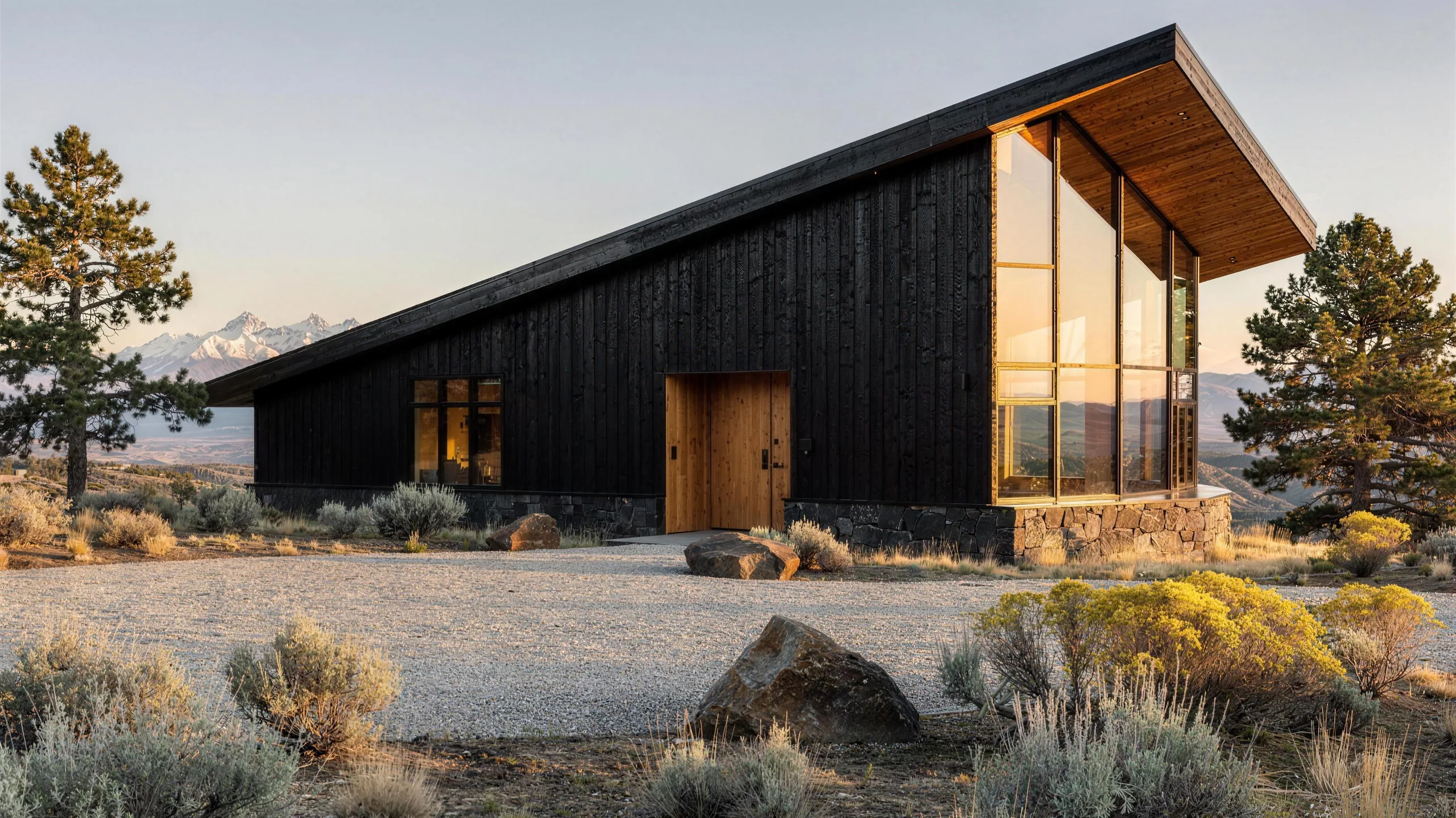 Residence No. 1 built: charred cedar on a basalt plinth, one steep monopitch roof lined in oak, the tall corner glass in the evening sun, snow-capped mountains behind.