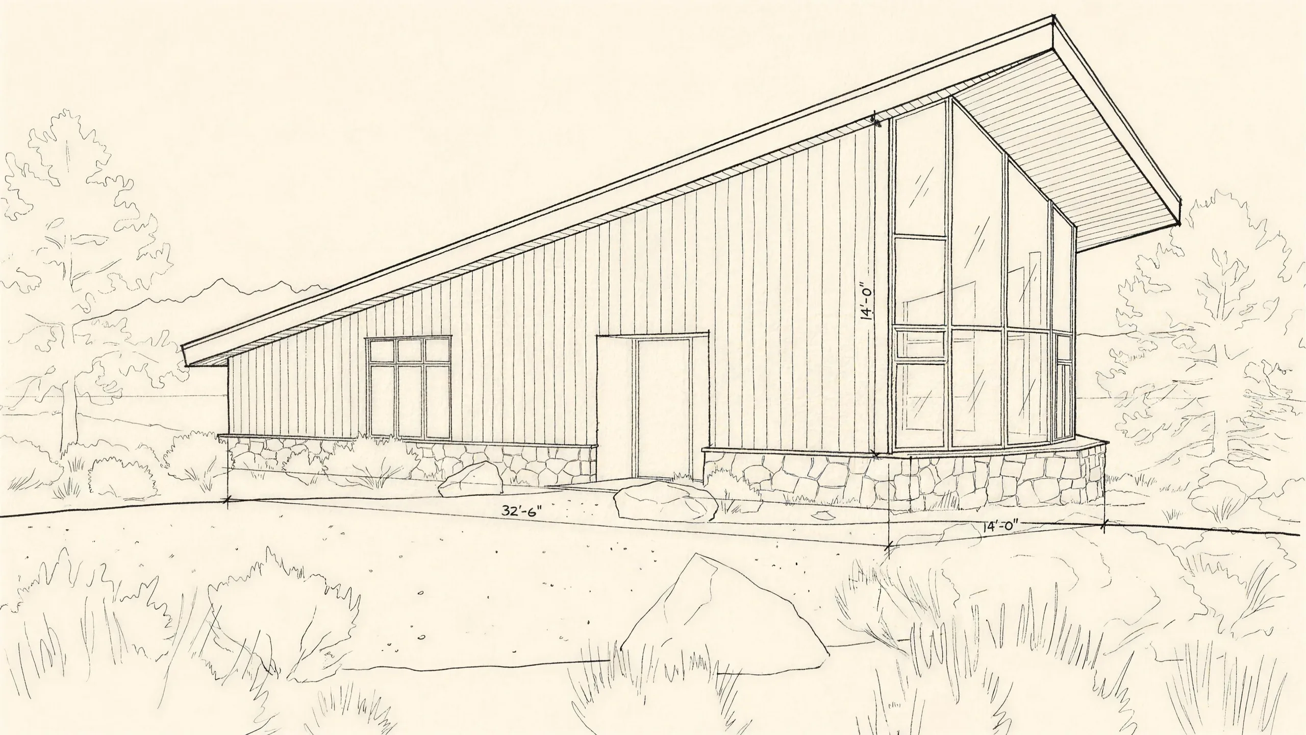 Residence No. 1 in ink: a single-storey house under one steep monopitch roof, the tall corner glass, the basalt plinth, sagebrush and junipers.