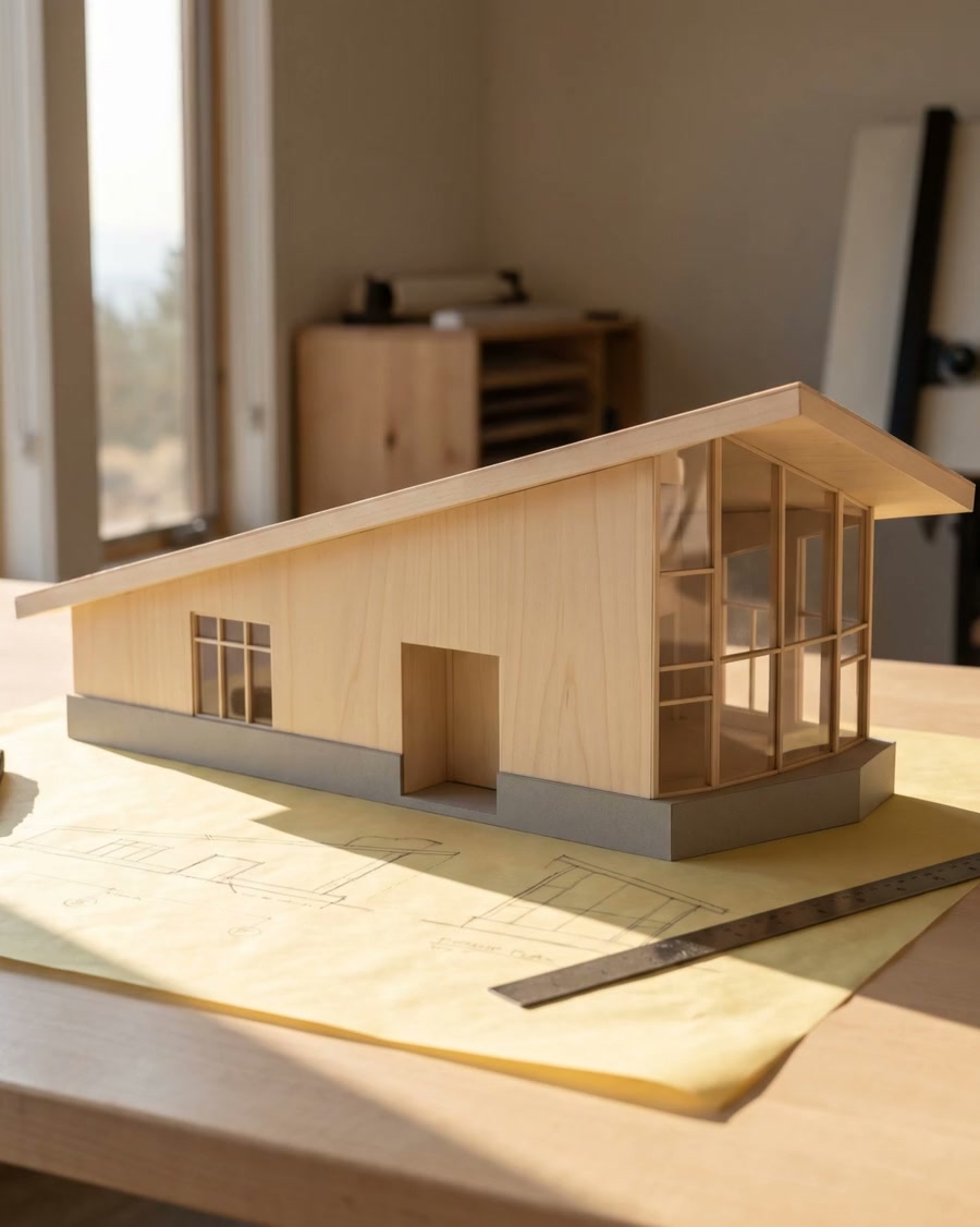 The basswood model of Residence No. 1 on the studio table in early sun: one long volume under a single steep roof, on tracing paper with pencil sketches.