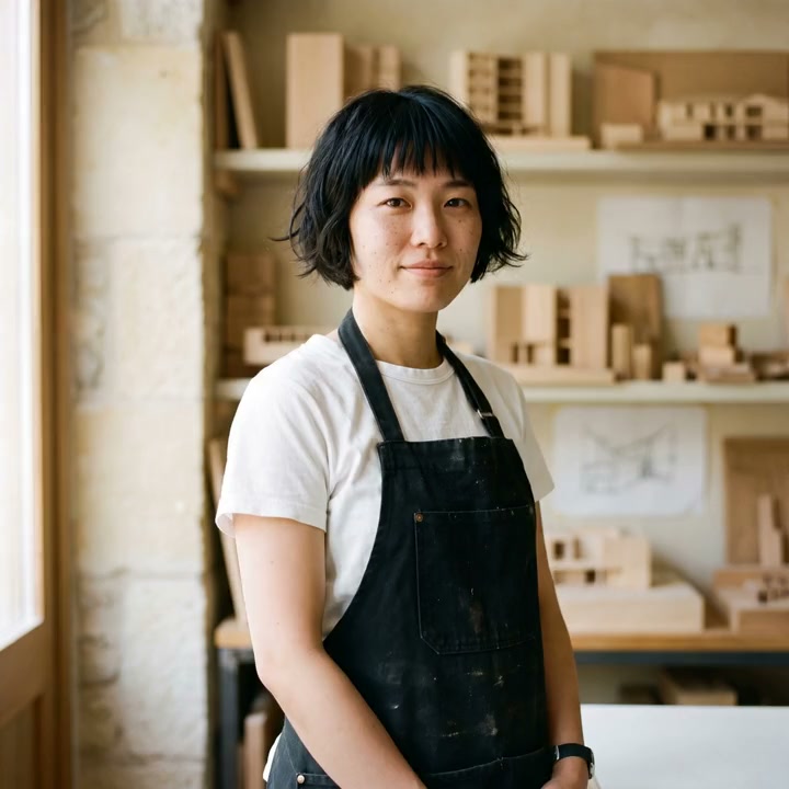 Aiko Tanaka in the model shop in a black apron, basswood models on the shelves behind her.