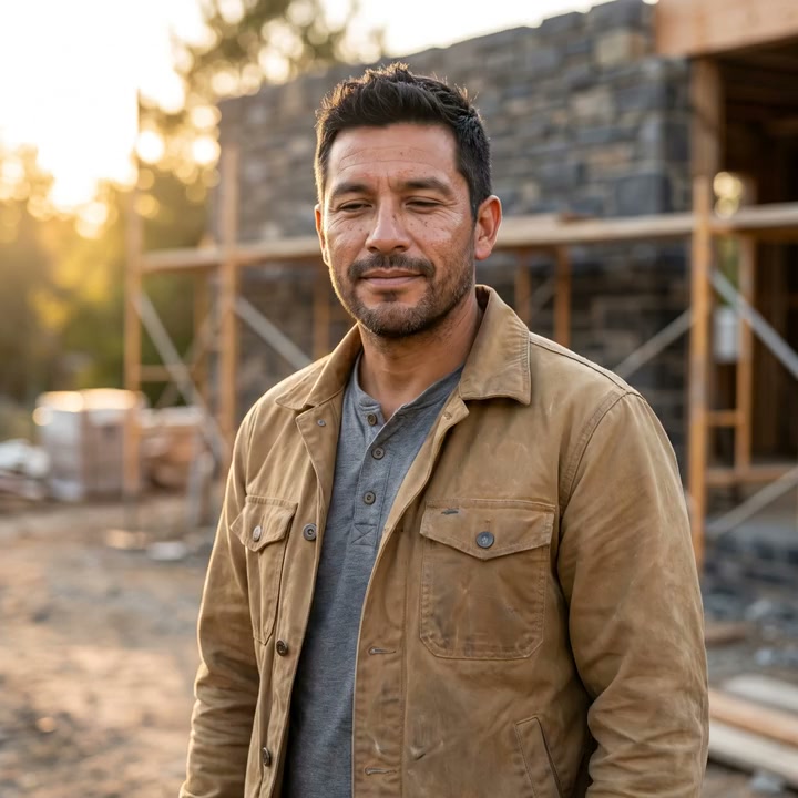 Caleb Ortiz on site in a canvas work jacket at golden hour.