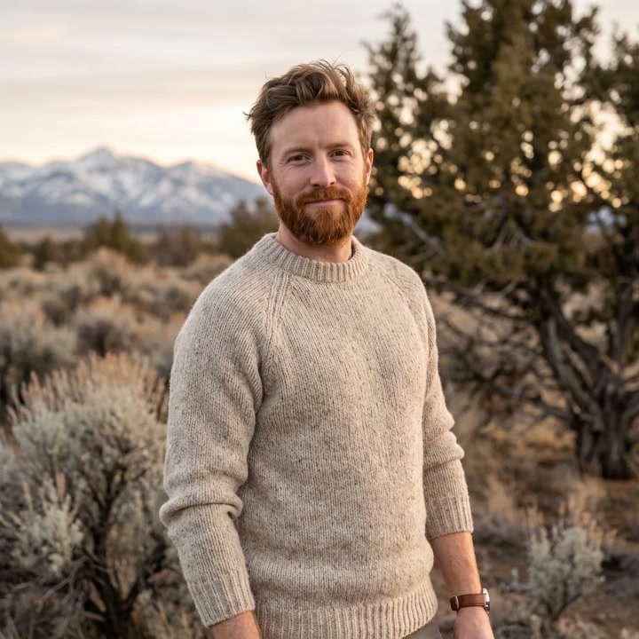Hugo Brennan outdoors in the high desert in a wool sweater, sagebrush and mountains behind him.