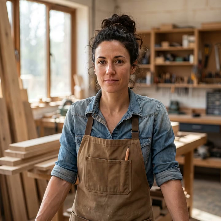 Ines Varga in the joinery workshop in a canvas apron, white-oak boards behind her.