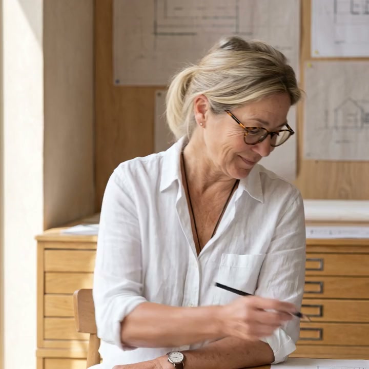 Mara Rehn in the studio, in a white linen shirt and tortoiseshell glasses, plan drawers behind her.