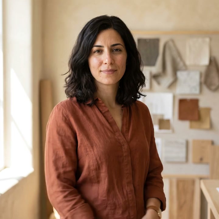 Noor Haddad in the studio in a rust linen blouse, material samples pinned up behind her.