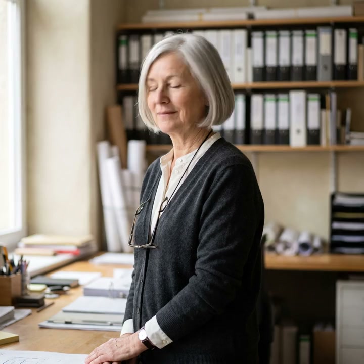 Ruth Whitaker at her desk in a charcoal cardigan, reading glasses on a cord.