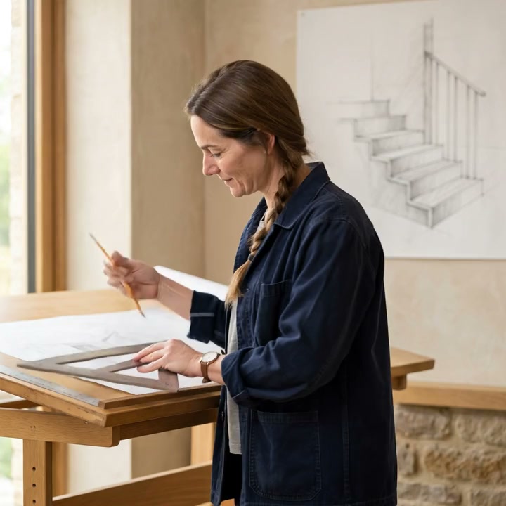 Thea Almqvist in a navy chore jacket, a full-size stair drawing pinned up behind her.